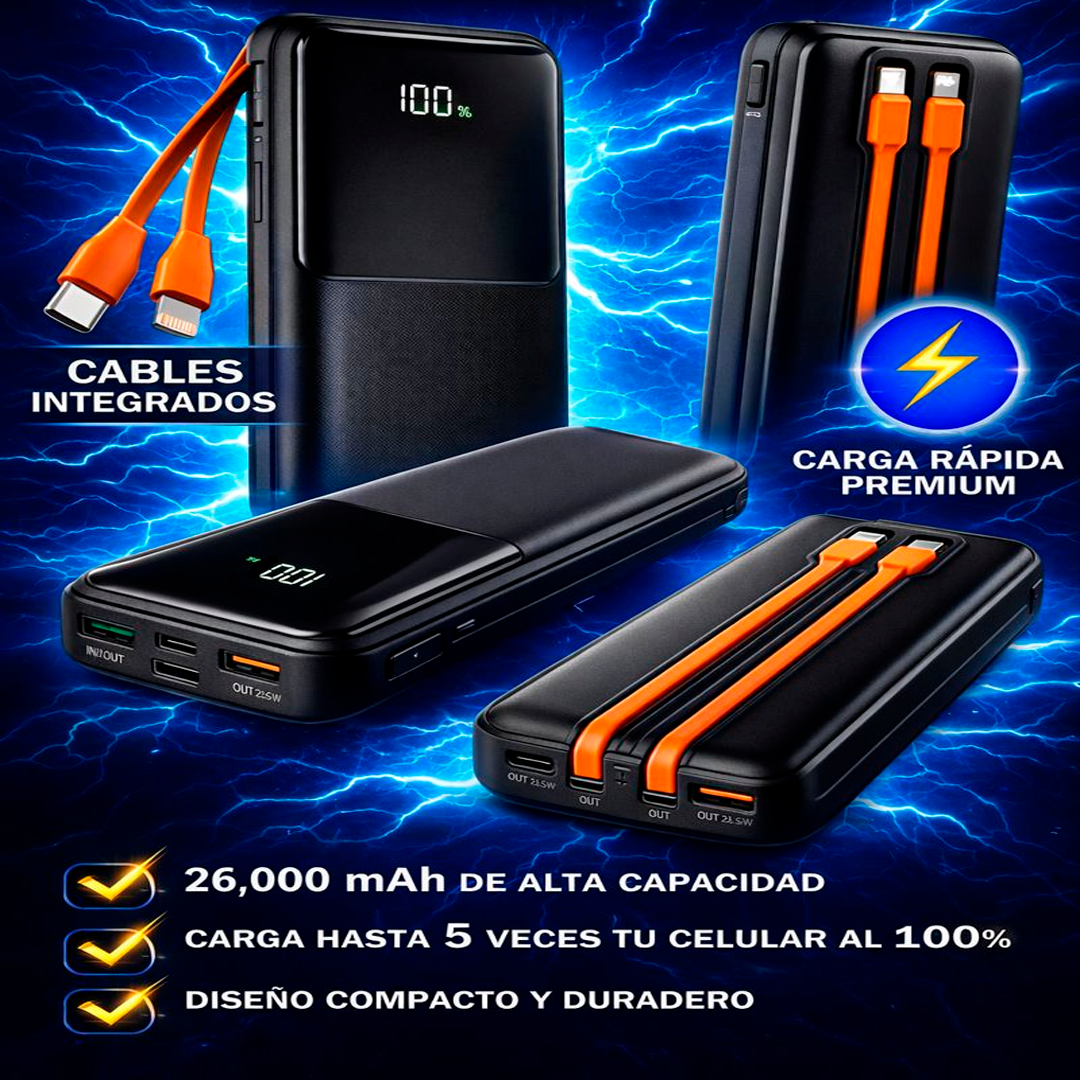 CARGADOR PORTÁTIL SÚPER CARGA RÁPIDA 26 000 MAH - CABLES INTEGRADOS
