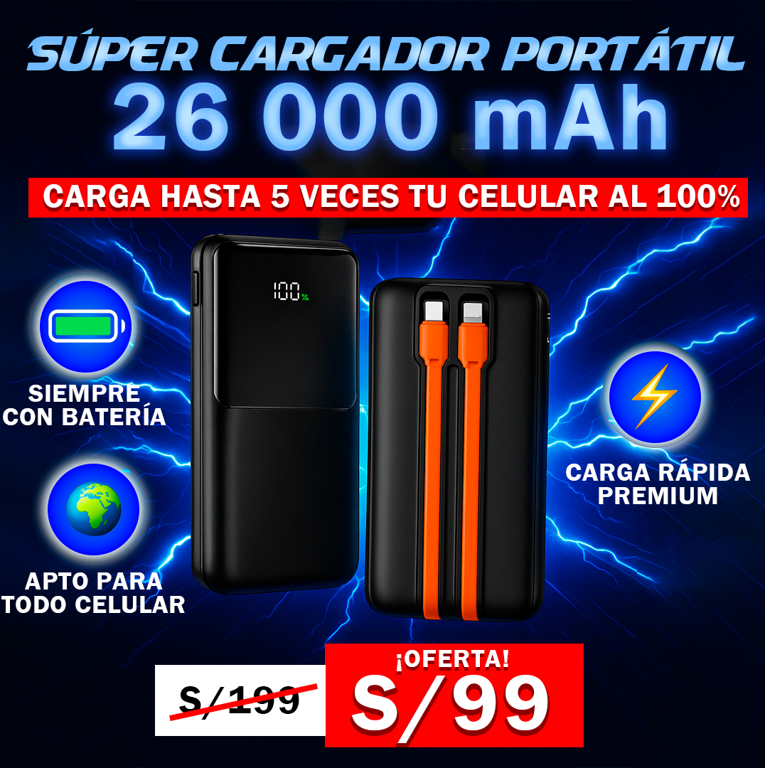 CARGADOR PORTÁTIL SÚPER CARGA RÁPIDA 26 000 MAH - CABLES INTEGRADOS