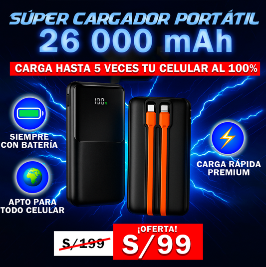 CARGADOR PORTÁTIL SÚPER CARGA RÁPIDA 26 000 MAH - CABLES INTEGRADOS