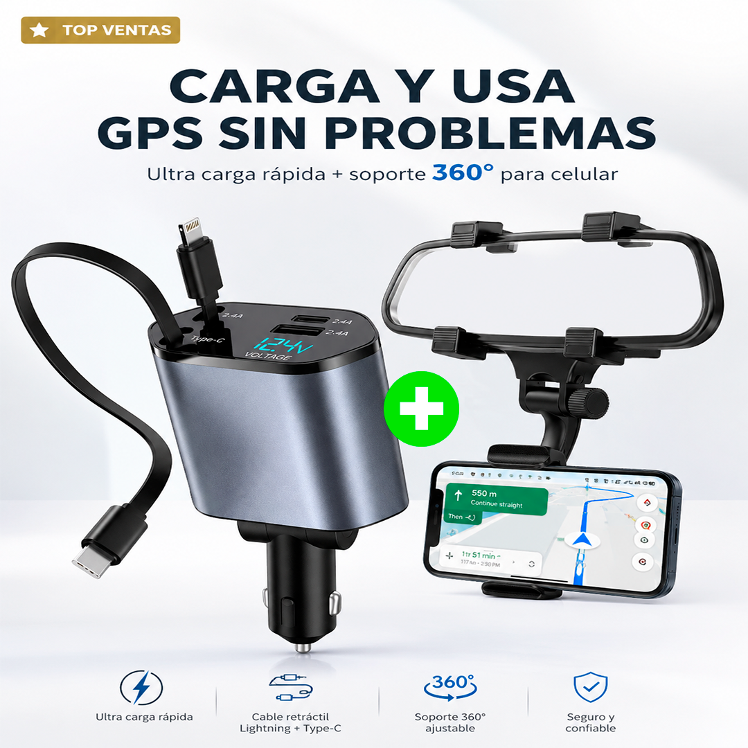 PACK VIAJERO 💎 Cargador Retráctil Ultra Carga Rápida + Soporte de Celular 360 Grados