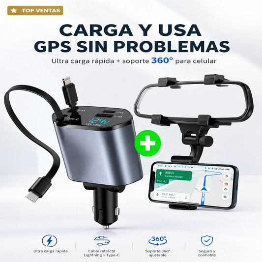 PACK VIAJERO 💎 Cargador Retráctil Ultra Carga Rápida + Soporte de Celular 360 Grados